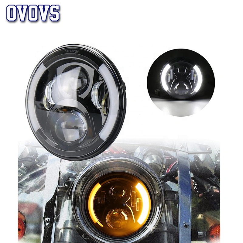 OVOVS 7inch Black Bezel LED Headlight with High/Low Beam White DRL Amber Turn Signal 50W Motorcycle Headlamps for Harley