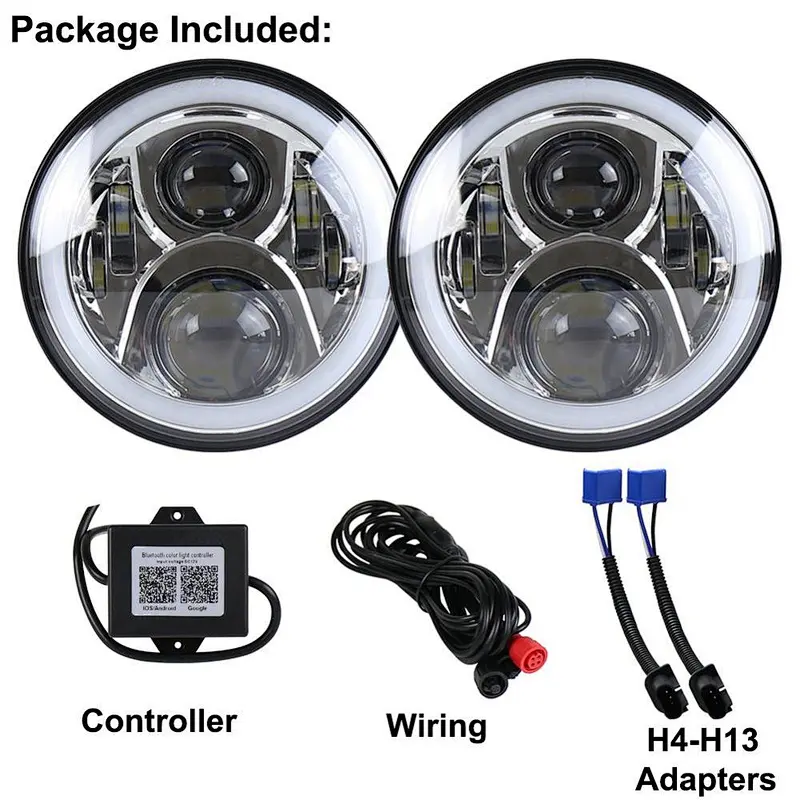 OVOVS Off Road 7inch LED Headlight with RGB Halo High/Low Beam Bluetooth Remote Control for Land Rover Hummer