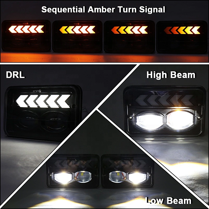 OVOVS 4x6 Led Headlights 4PCS with Sequential Turn Signal DRL Square Headlight for Kenworth Peterbilt