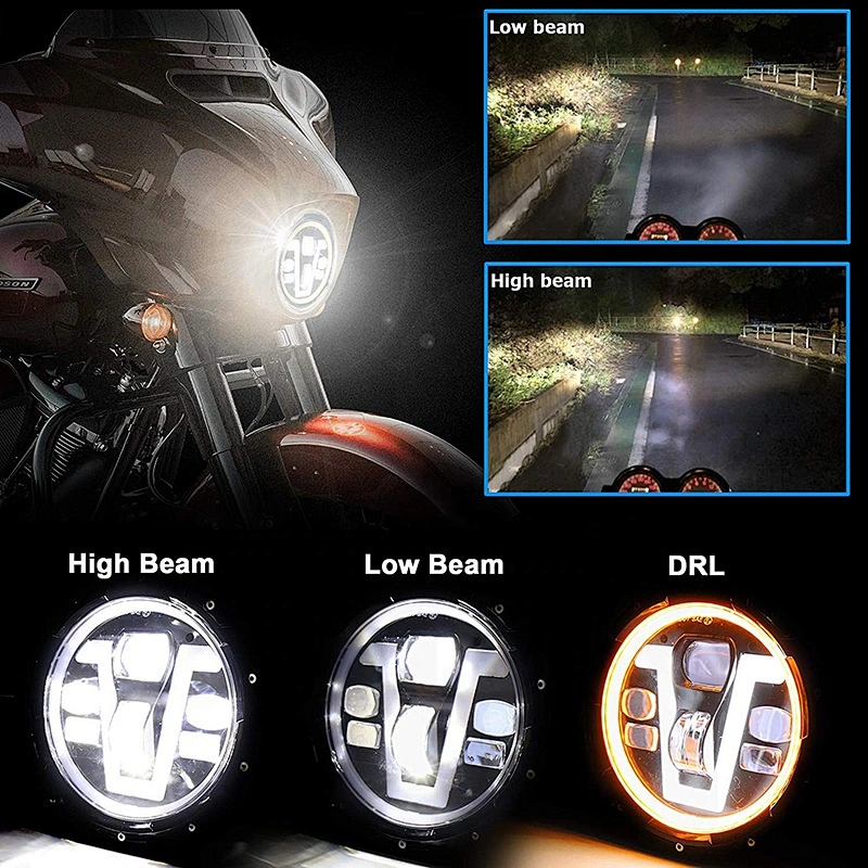 OVOVS 7 Inch Motorcycle Led Headlight 12V White V Type Halo DRL Led Headlight for Harley Honda CB400