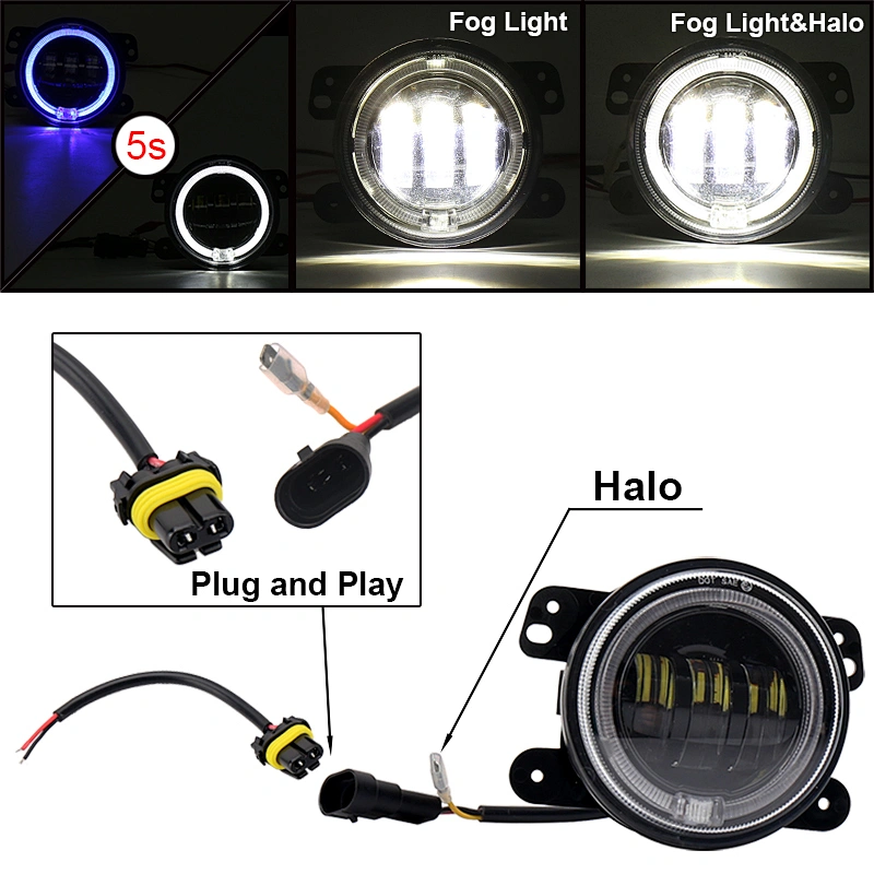 OVOVS 30W Round 4 Inch Led Fog Lights With Automatic Blue Halo 5s Seconds to White DRL For Jeep Wrangler Jk Off Road