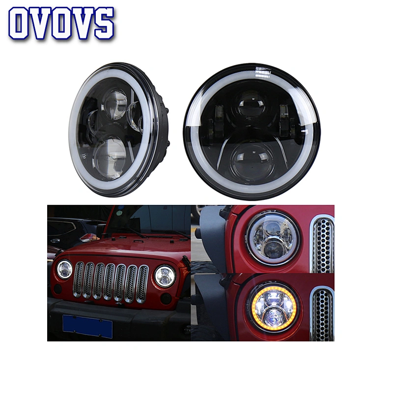 OVOVS 7 inch Round LED Headlight with High/Low Beam White Halo DRL for Jeep Wrangler Off Road Harley Davidson Motorcycle