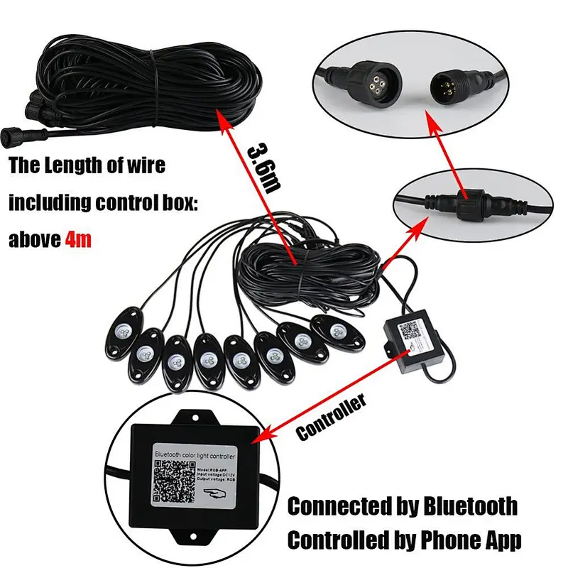 OVOVS Offroad Bluetooth Control Under Car 12v 8pod 9W RGB Led Rock Lights Kit Waterproof