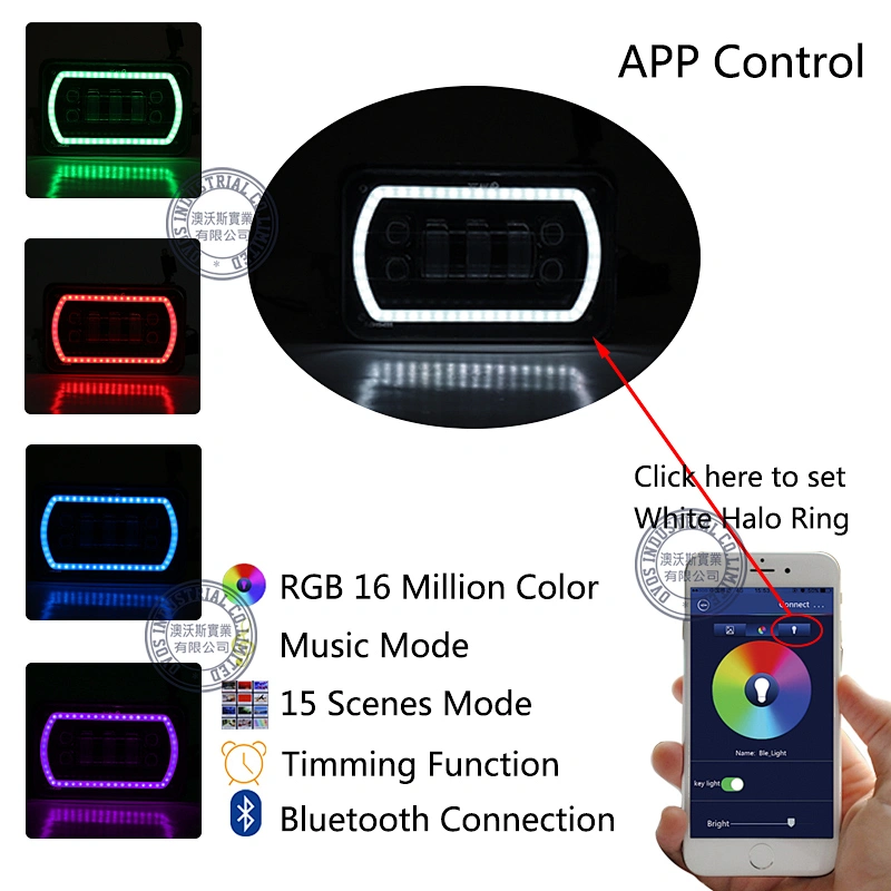 OVOVS Off Road 4x6 Truck LED Headlight with RGB Halo High/Low Beam Bluetooth Remote Control for Jeep Chevrolet Ford Truck