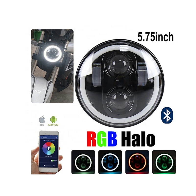 OVOVS 5.75 inch Round Led Headlight with RGB Angel Eyes Bluetooth Remote Controlled Headlamp for Harley Davidson