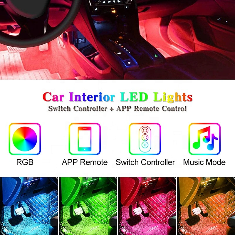 OVOVS RGB Bluetooth Control Car Interior Led Strip Light 4PCS 12v Auto Atmosphere Light Underdash Lighting Strip Kit