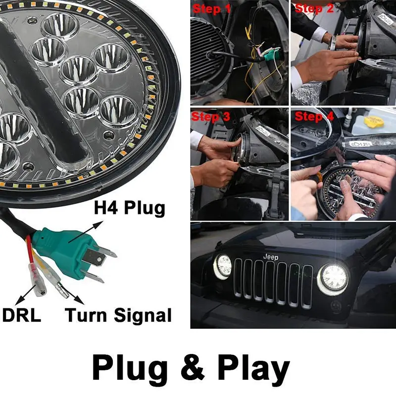 OVOVS LED Headlights 7 inch Halo Headlamp 63W with Hi Lo Beam Amber Turning White DRL Snowflake Style for Jeep Wrangler Hummer