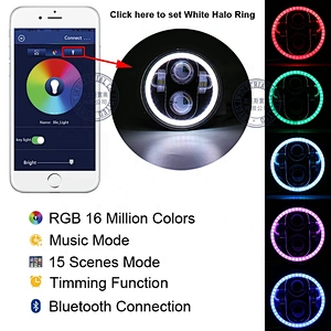 OVOVS 5.75 inch Round Led Headlight with RGB Angel Eyes Bluetooth Remote Controlled Headlamp for Harley Davidson