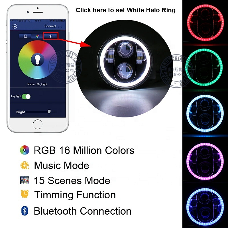 OVOVS 5.75 inch Round Led Headlight with RGB Angel Eyes Bluetooth Remote Controlled Headlamp for Harley Davidson