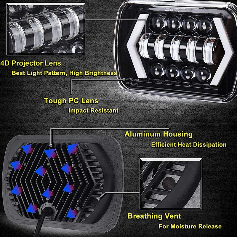 OVOVS Off Road 5x7inch 55w Rectangular LED Headlight with DRL Turn Signal for Jeep YJ Trucks