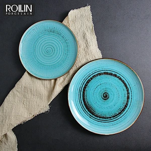 2020 New Fashion Banquet Hotel Ceramic Blue Round  Porcelain Plate For Restaurant