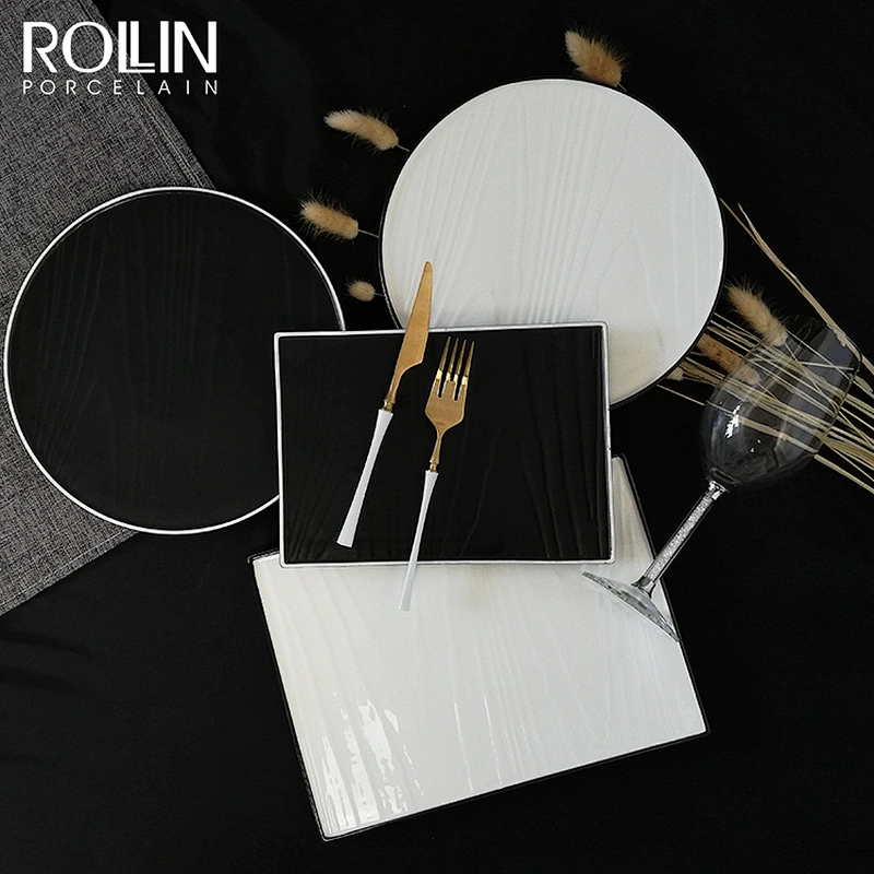 New Design Hotel and Restaurant Dessert Porcelain Dinner Plates with Black Rim