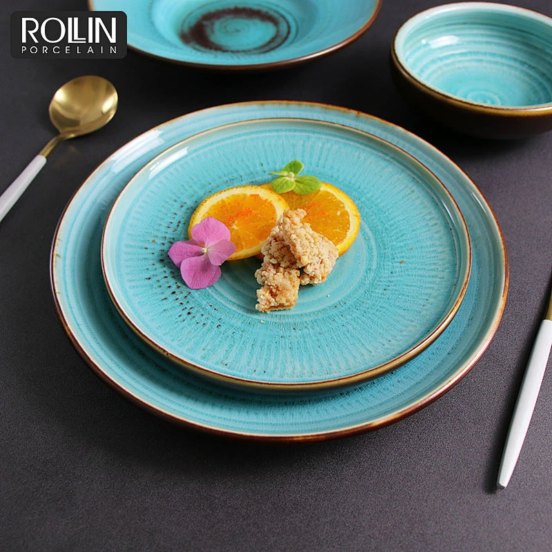2020 New Fashion Banquet Hotel Ceramic Blue Round  Porcelain Plate For Restaurant