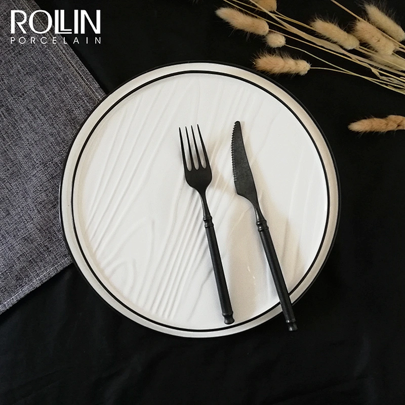 New Design Hotel and Restaurant Dessert Porcelain Dinner Plates with Black Rim