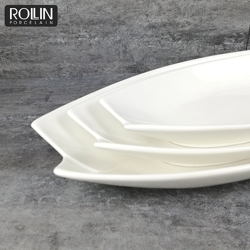 Chinese Factory Hotel  White Ceramic Rectangular  Plate Deep Leaf-Shaped Plate 11