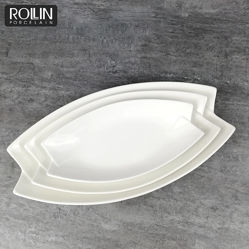 Chinese Factory Hotel  White Ceramic Rectangular  Plate Deep Leaf-Shaped Plate 11