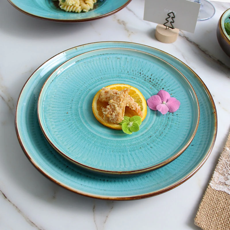 2020 New Fashion Banquet Hotel Ceramic Blue Round  Porcelain Plate For Restaurant