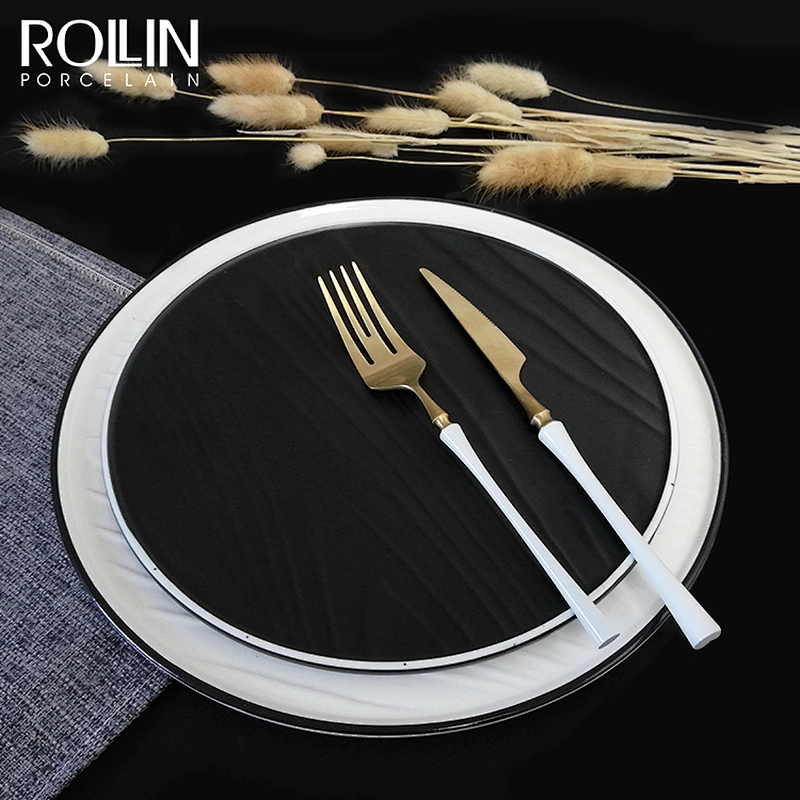 New Design Hotel and Restaurant Dessert Porcelain Dinner Plates with Black Rim