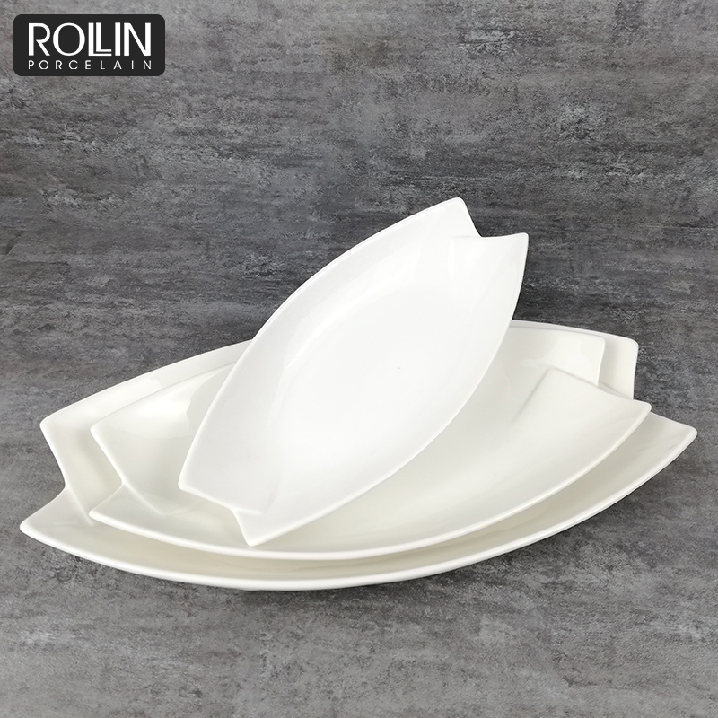 Chinese Factory Hotel  White Ceramic Rectangular  Plate Deep Leaf-Shaped Plate 11