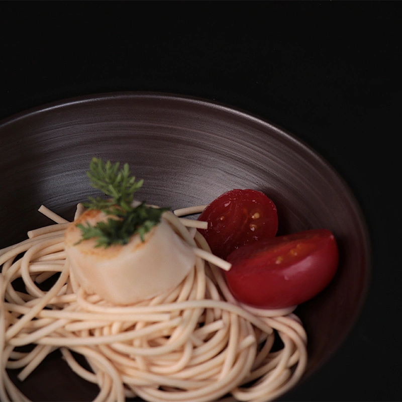 Matt black round pasta dinner sweet plate ceramic restaurant for hositality banquet wedding catering wholesale