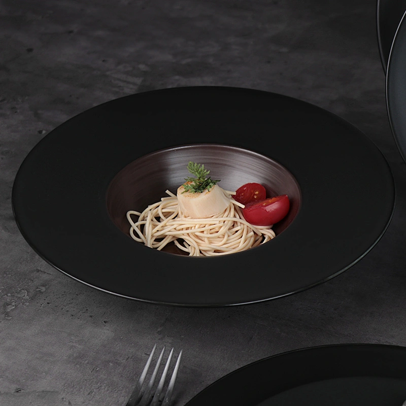 Matt black round pasta dinner sweet plate ceramic restaurant for hositality banquet wedding catering wholesale
