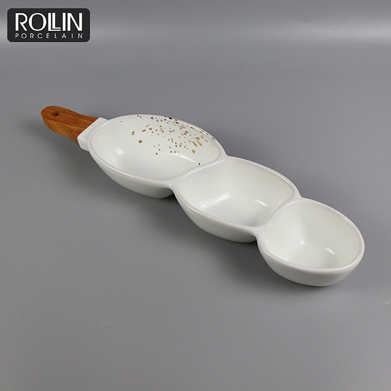 New Design Gold printing Porcelain Plates White Porcelain Plates with wooden handle Crockery Leaf Shape Plates