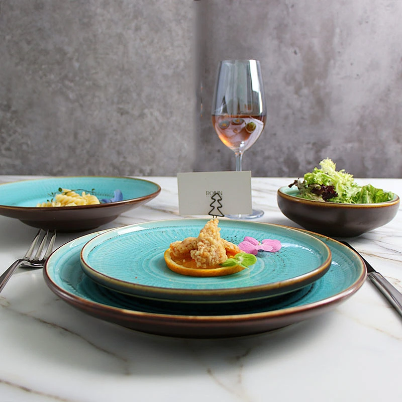 2020 New Fashion Banquet Hotel Ceramic Blue Round  Porcelain Plate For Restaurant