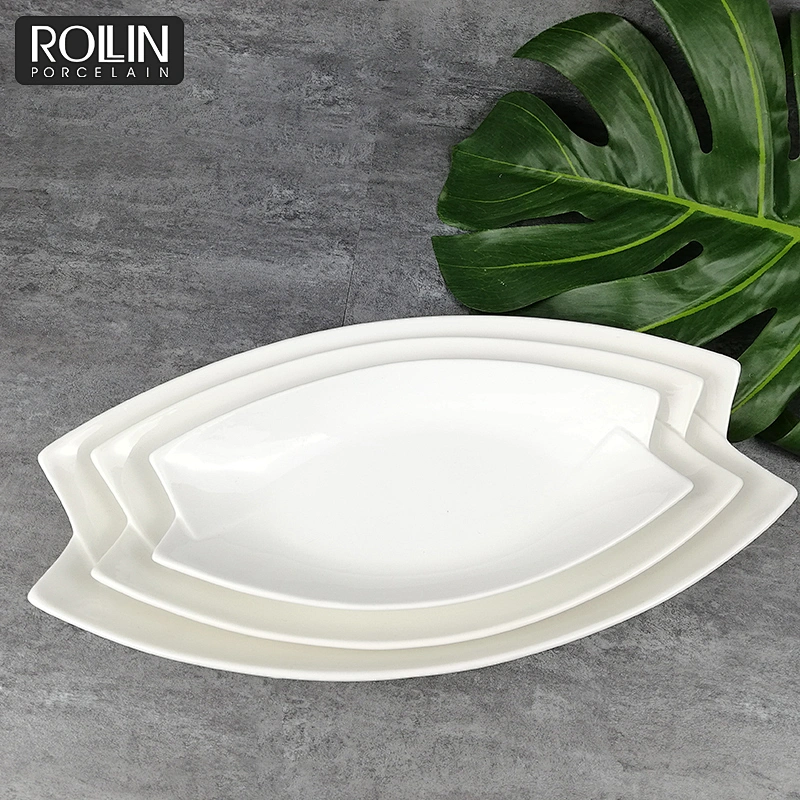Chinese Factory Hotel  White Ceramic Rectangular  Plate Deep Leaf-Shaped Plate 11