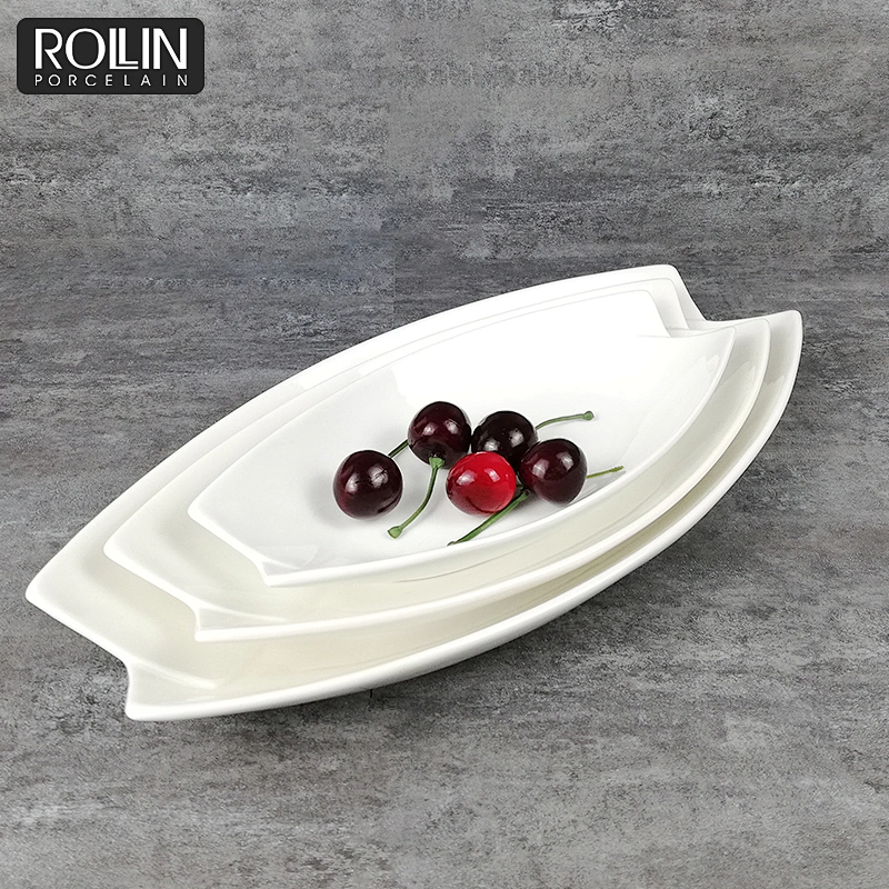 Chinese Factory Hotel  White Ceramic Rectangular  Plate Deep Leaf-Shaped Plate 11