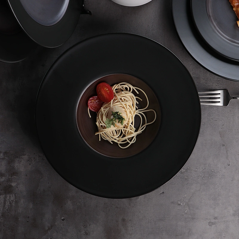 Matt black round pasta dinner sweet plate ceramic restaurant for hositality banquet wedding catering wholesale