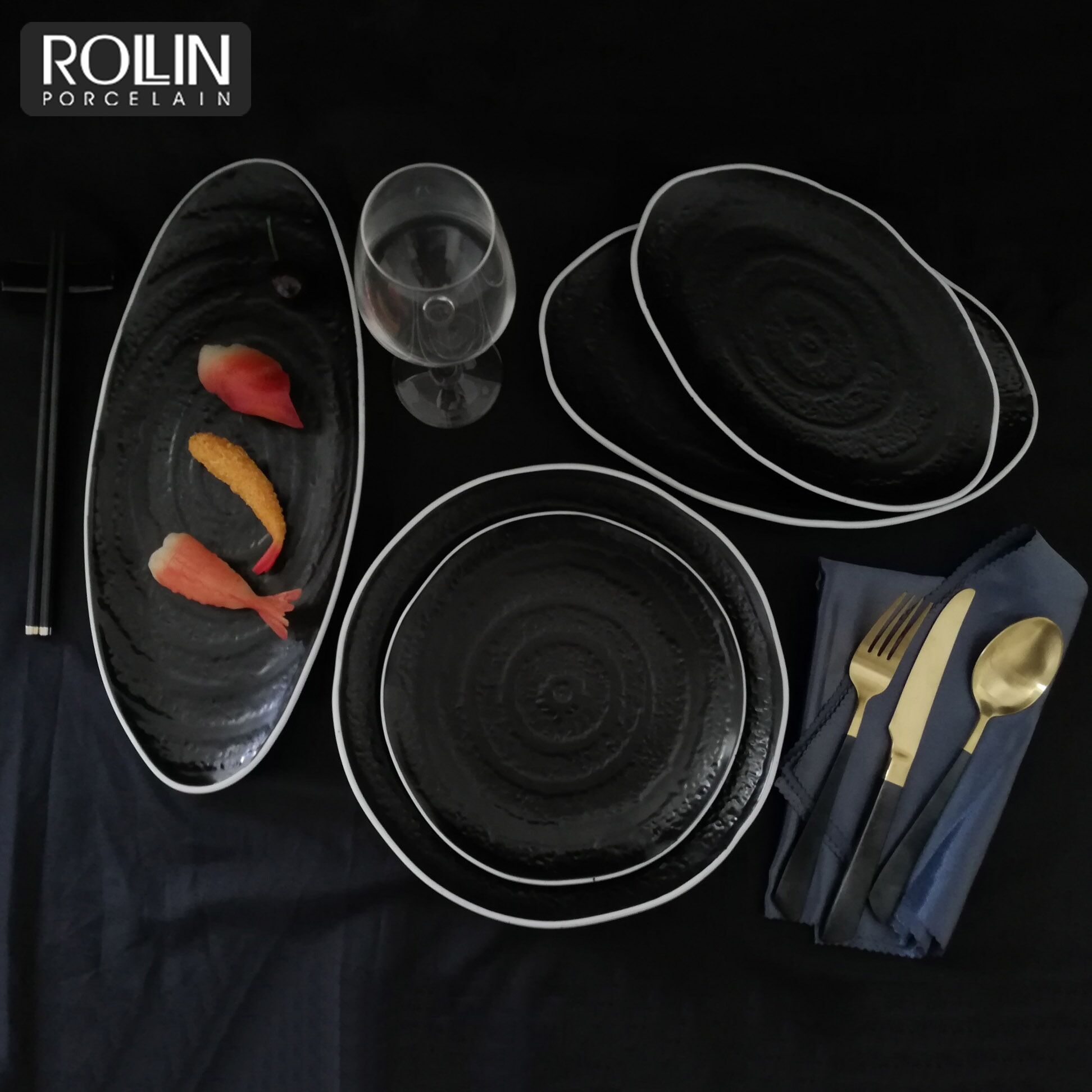 Hotel western style ceramic dinner set black porcelain dinnerware