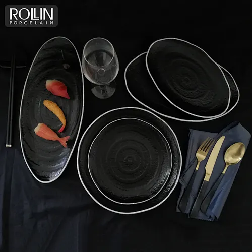 Hotel western style ceramic dinner set black porcelain dinnerware