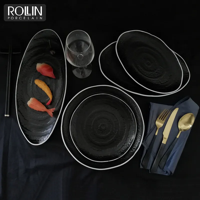 Hotel western style ceramic dinner set black porcelain dinnerware