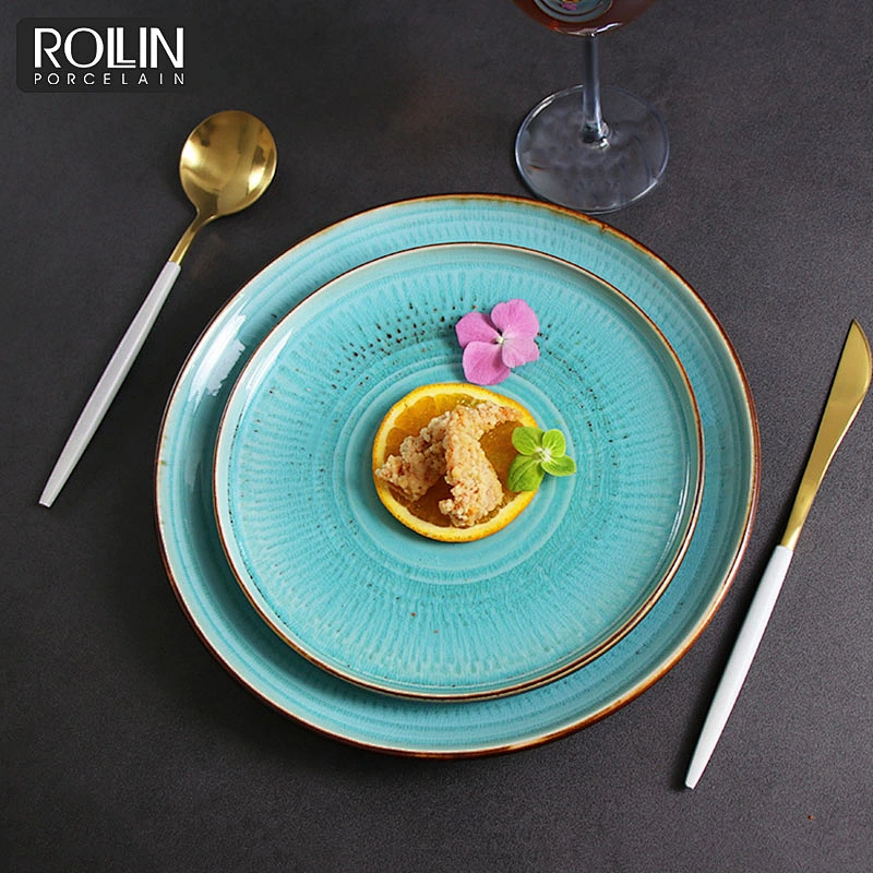 2020 New Fashion Banquet Hotel Ceramic Blue Round  Porcelain Plate For Restaurant