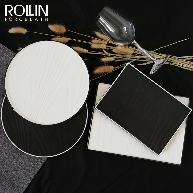 New Design Hotel and Restaurant Dessert Porcelain Dinner Plates with Black Rim