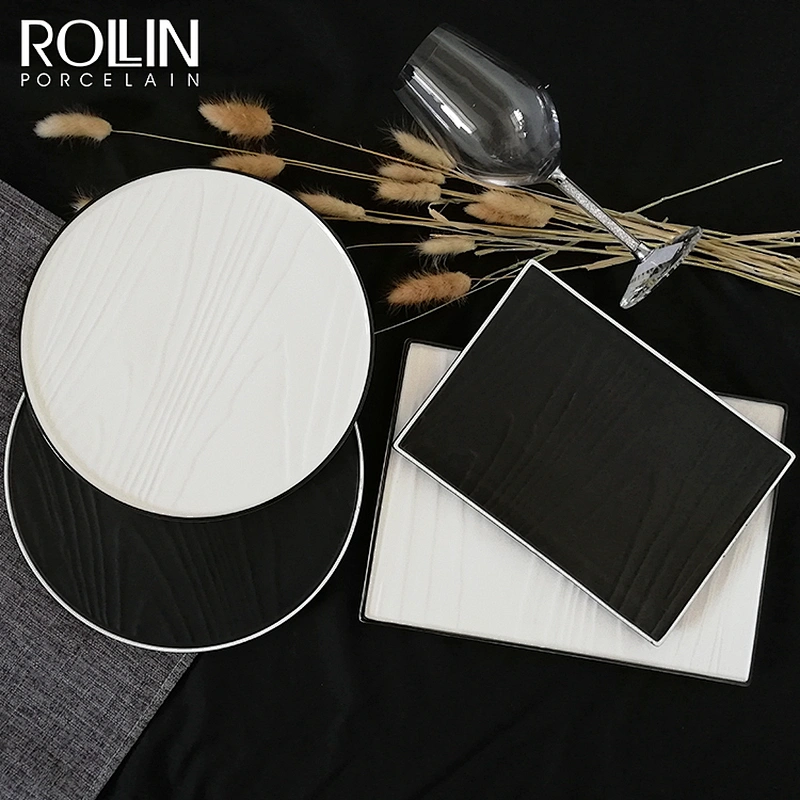New Design Hotel and Restaurant Dessert Porcelain Dinner Plates with Black Rim