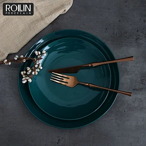 Factory direct wholesale hotel Green nordic dish ceramic dinner plate set,restaurant ecofriendly porcelain dishes plates