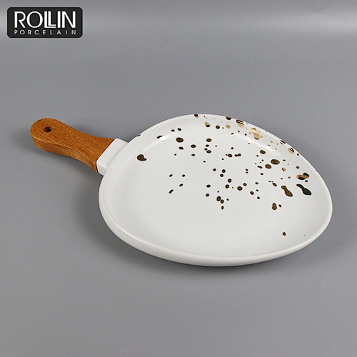 New Design Gold printing Porcelain Plates White Porcelain Plates with wooden handle Crockery Leaf Shape Plates