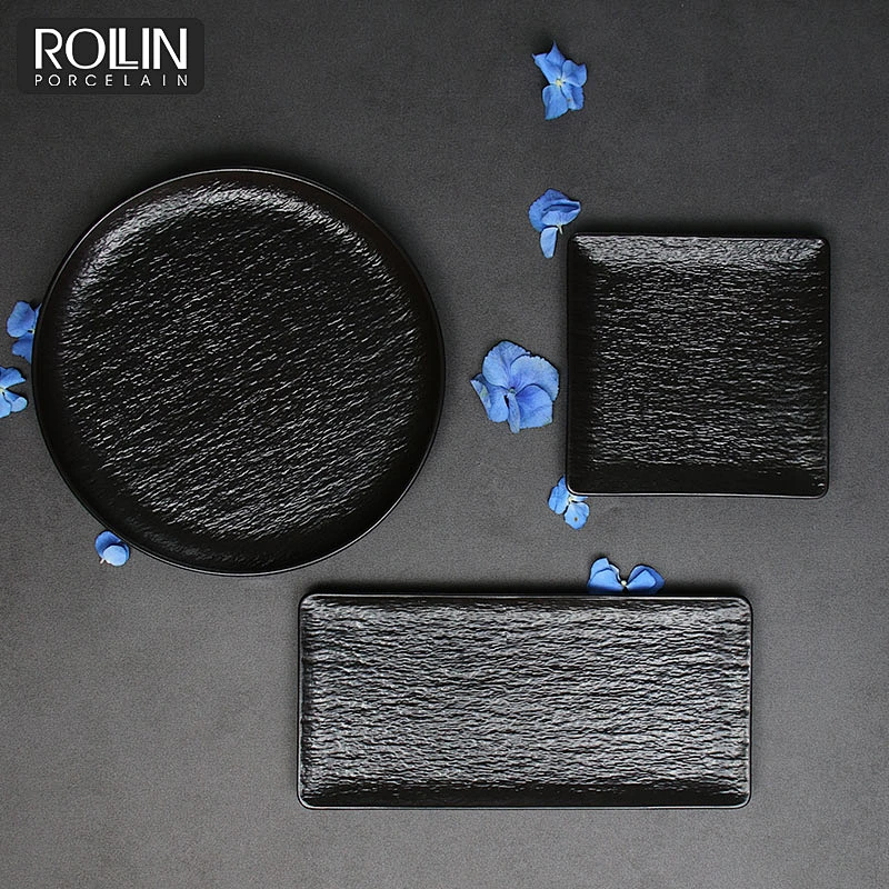 Black and White Colored Chinaware Porcelain Rectangular plates for Hotel and Restaurant