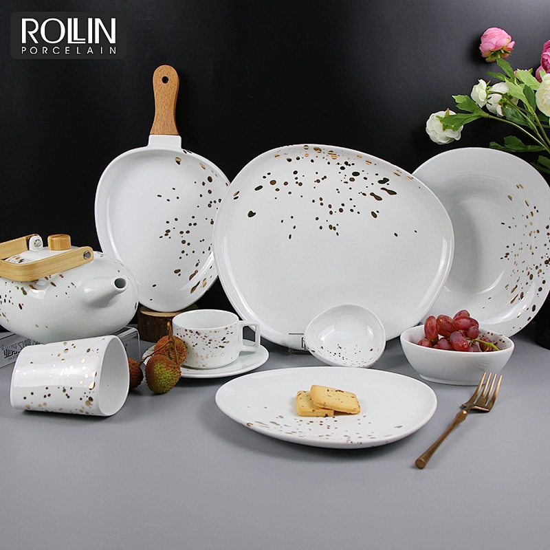 New Design Gold printing Porcelain Plates White Porcelain Plates with wooden handle Crockery Leaf Shape Plates