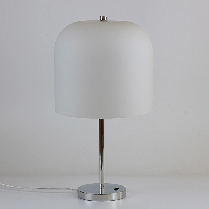 Polished chrome metal lamp body with white frosted glass shade table lamp