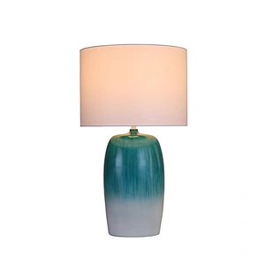 Teal gradient poly lamp body with white linen shade table lamp