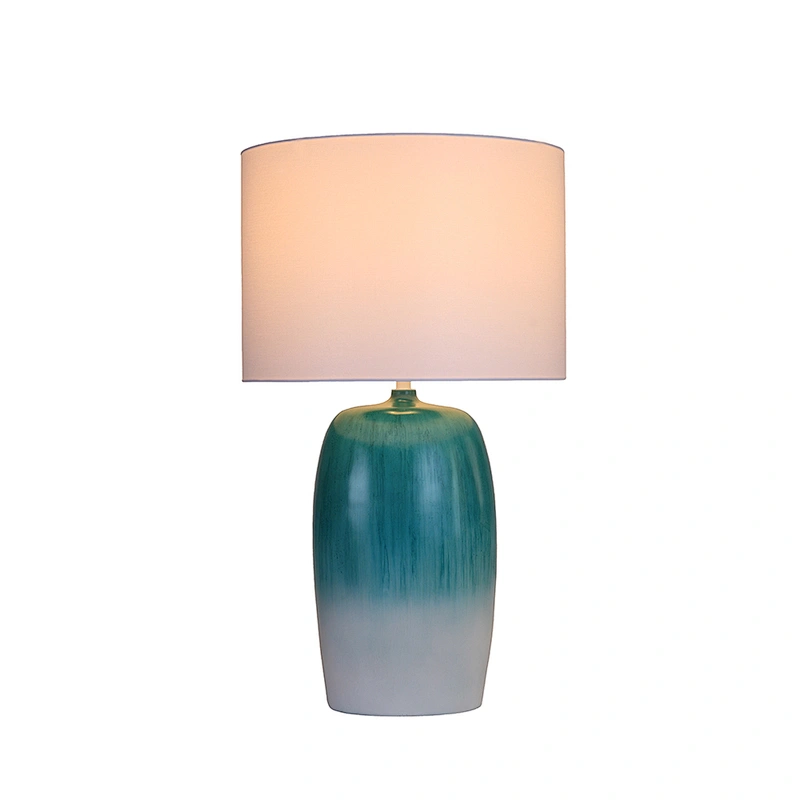 Teal gradient poly lamp body with white linen shade table lamp