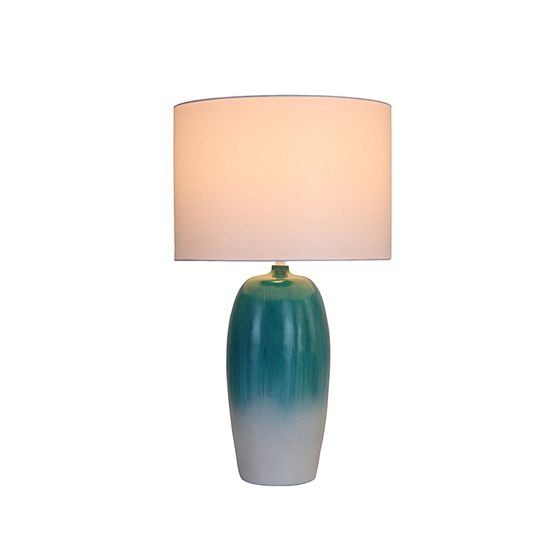Teal gradient poly lamp body with white linen shade table lamp
