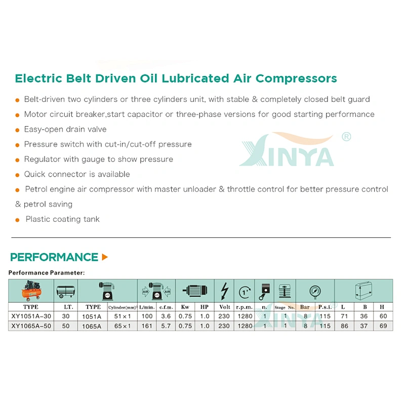 XINYA 220V 50L V belt driven single cylinder air compressors (XY1065A-50)