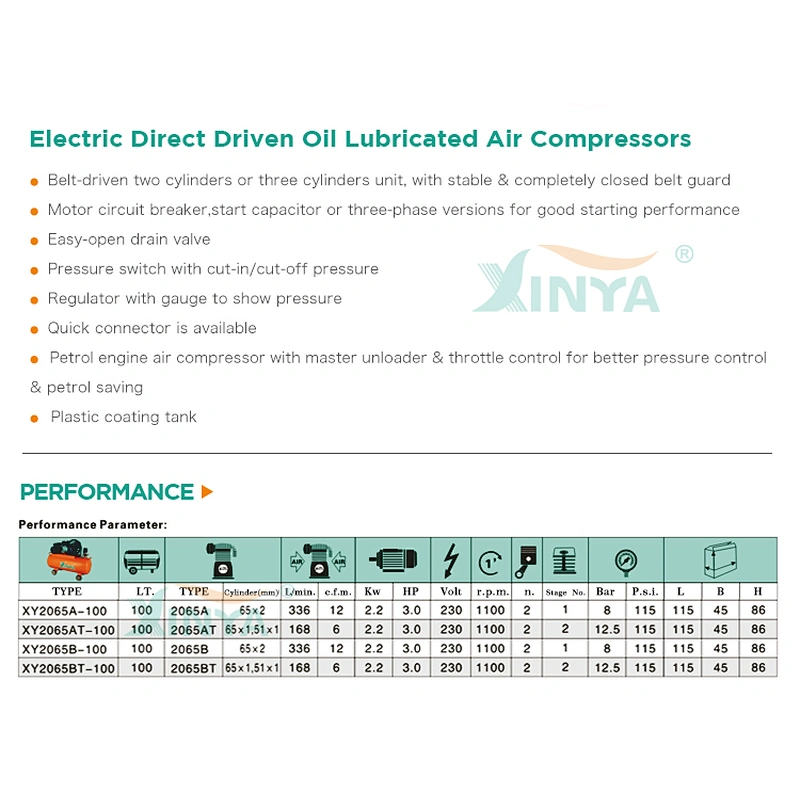 XINYA hot sale 65mm piston portable 12 bar 100L tank belt driven air compressor head  (XY2065AT-100)
