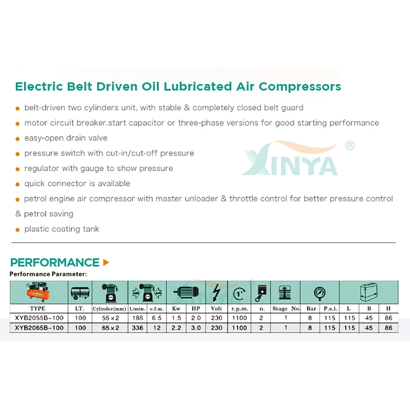 XINYA Horizontal tank 100L Italian type belt driven air compressor (XYB2065B-100)