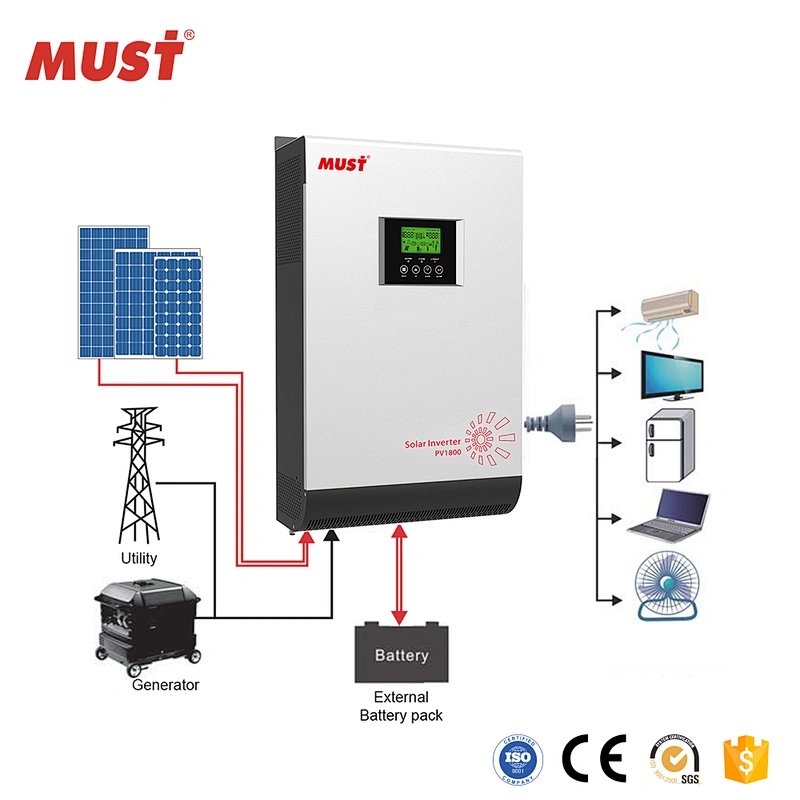 < MUST  SOLAR>High Capacity 9KW Hybrid high Frequency pure sine wave Solar inverter with Inbulit MPPT Solar Charge Controller