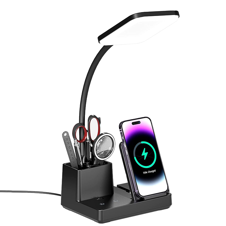 360 Gooseneck Adjustable Dimmer Light 10W Wireless Charger Pen Houlder LED Table Lamp with USB Port