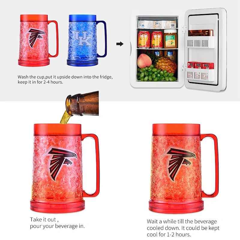 Taza de cerveza caliente americana del congelador de la pared doble de la venta con el gel y la manija grande